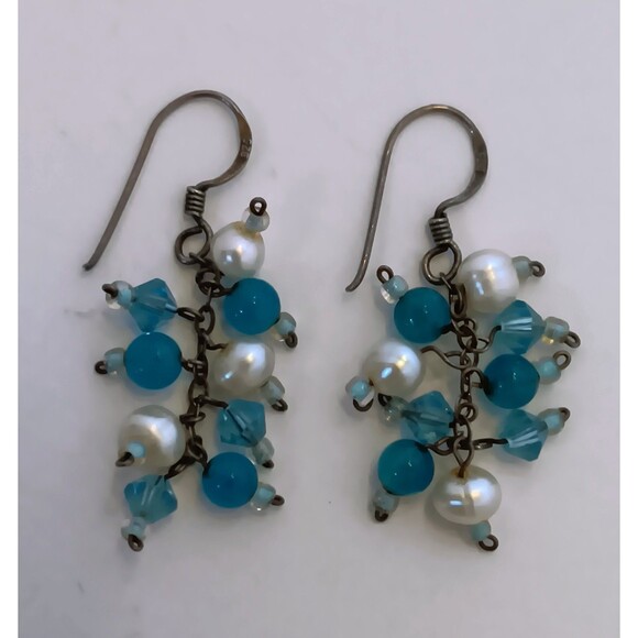 Sterling Silver Chalcedony & Pearl Cluster Dangle Earrings 1.5 in - Picture 2 of 13